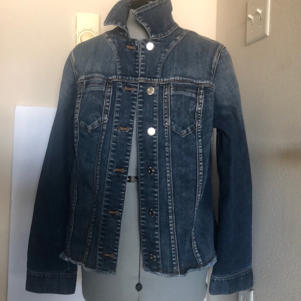 Chico size 1 denim jacket with distressed hemline and top breast pockets